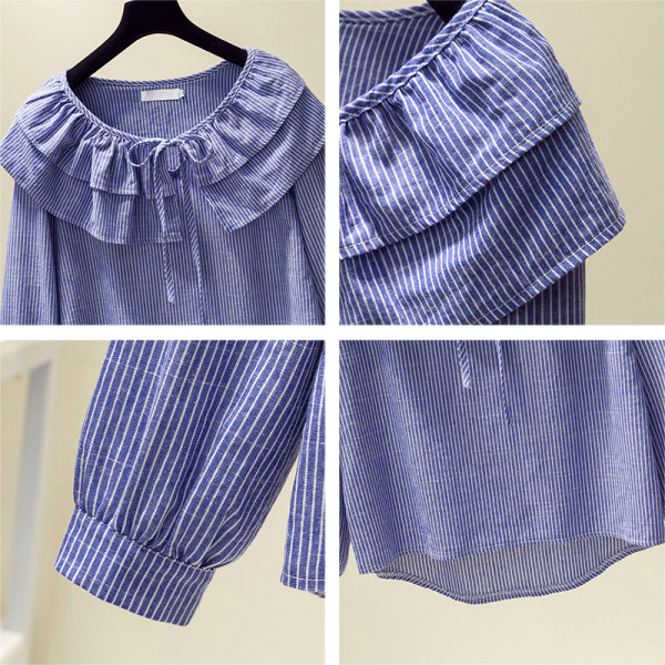 Prugasta ženska bluza s dugim rukavima, ovalnim izrezom i vezicama