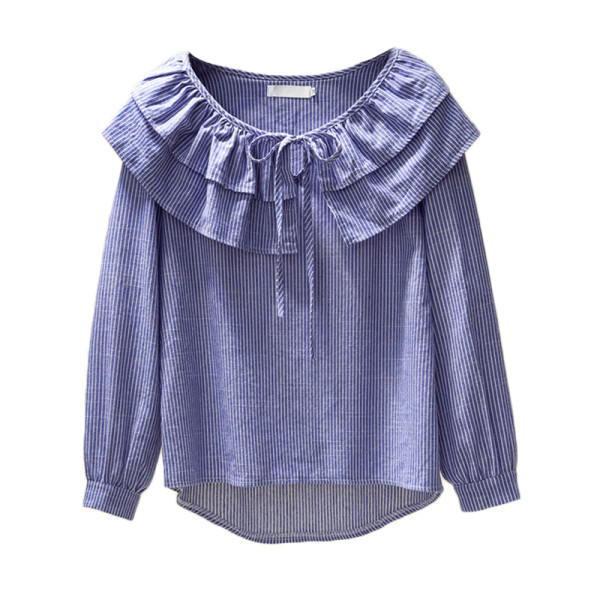 Prugasta ženska bluza s dugim rukavima, ovalnim izrezom i vezicama