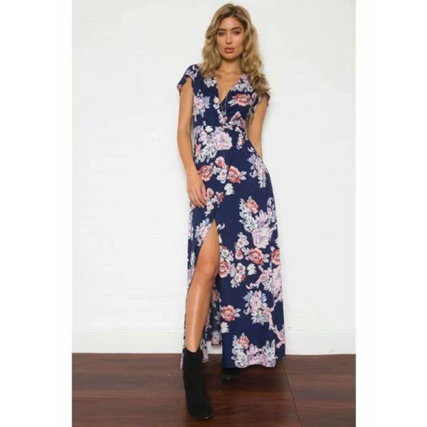 Alkalmi női hosszú ruha, rövid ujjú, virágmintás