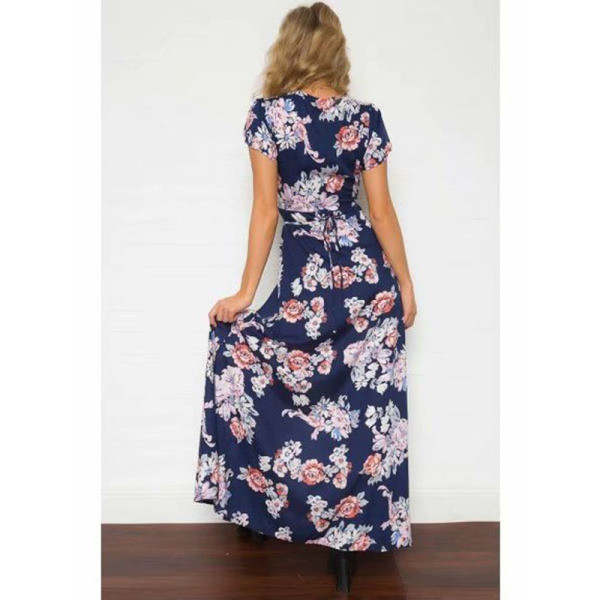 Alkalmi női hosszú ruha, rövid ujjú, virágmintás
