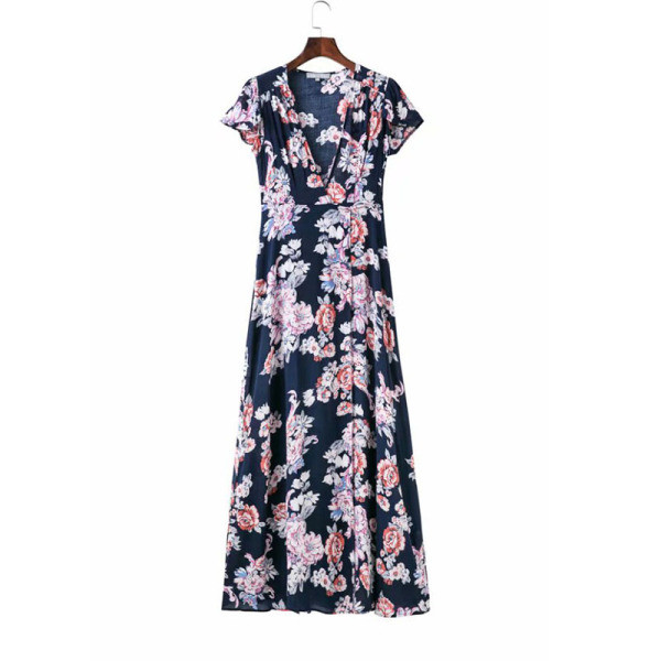 Alkalmi női hosszú ruha, rövid ujjú, virágmintás