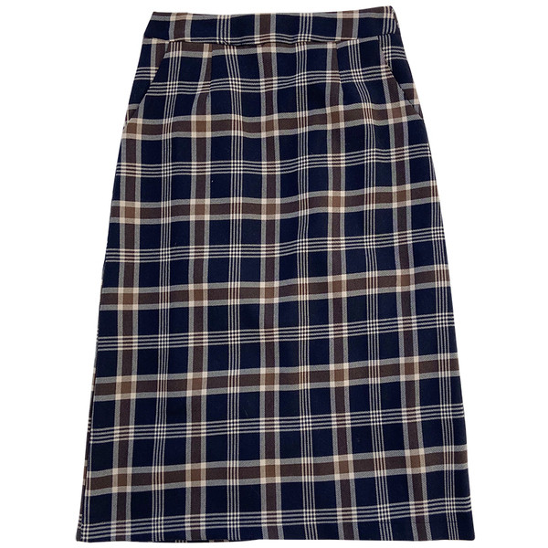 Moteriškas languotas sijonas aukštu juosmeniu ir kišenėmis