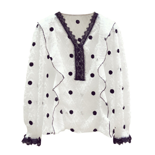 Modernūs moteriški marškiniai su špicine iškirpte su taškeliais