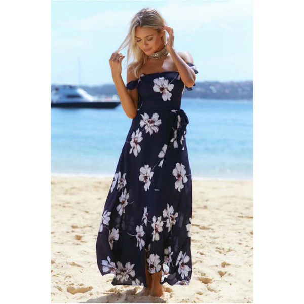 Lezser női hosszú ruha virágmintával és pántokkal