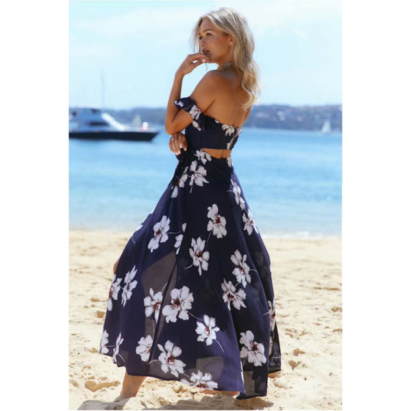 Lezser női hosszú ruha virágmintával és pántokkal