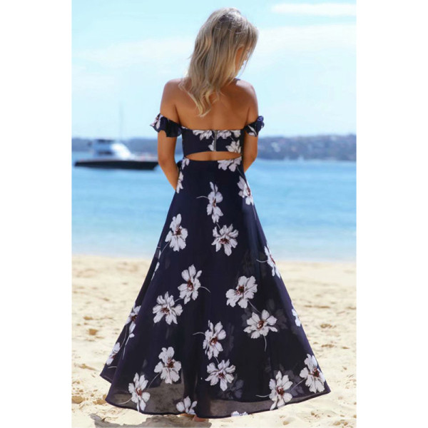 Lezser női hosszú ruha virágmintával és pántokkal