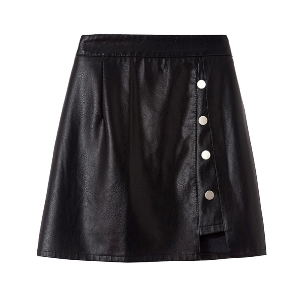 Moteriškas trumpas odinis sijonas aukštu juosmeniu