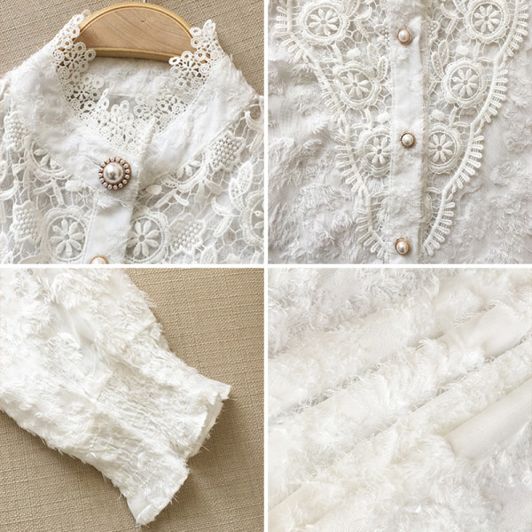 Moderns mežģīņu sieviešu krekls ar augstu apkakli un pogām