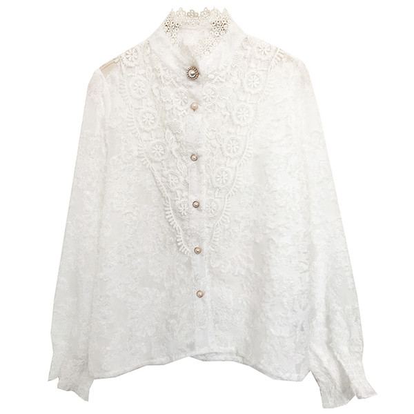 Moderns mežģīņu sieviešu krekls ar augstu apkakli un pogām