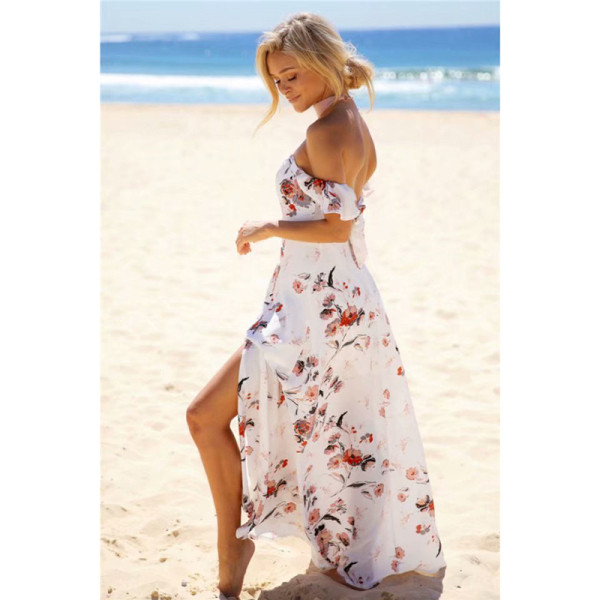 Rochie lunga de dama casual cu bretele si model floral