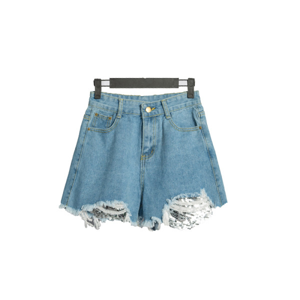 Didelio dydžio moteriški šortai aukštu liemeniu, plėšytais motyvais ir blizgučiais