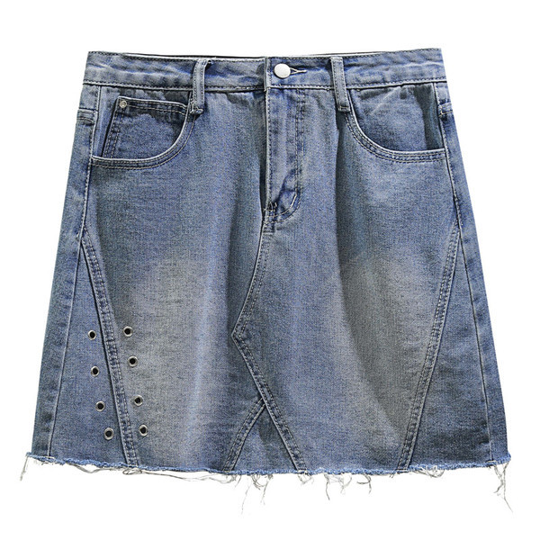 Didelio dydžio moteriškas džinsinis sijonas aukštu juosmeniu ir kišenėmis