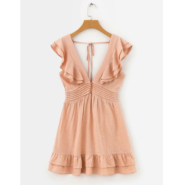 Trumpa moteriška laisvalaikio suknelė su gilia iškirpte, sagomis ir petnešėlėmis