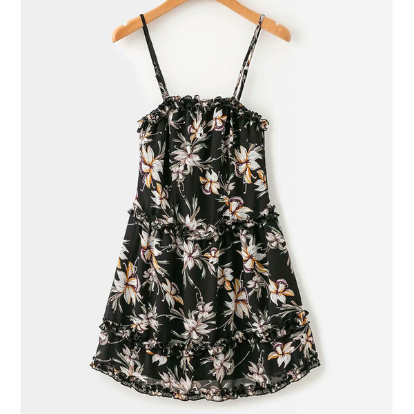 Šiuolaikinė moteriška trumpa suknelė su plonais petnešėlėmis ir gėlių raštu