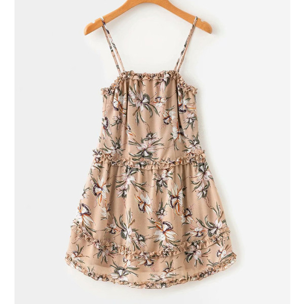 Šiuolaikinė moteriška trumpa suknelė su plonais petnešėlėmis ir gėlių raštu