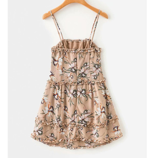 Šiuolaikinė moteriška trumpa suknelė su plonais petnešėlėmis ir gėlių raštu