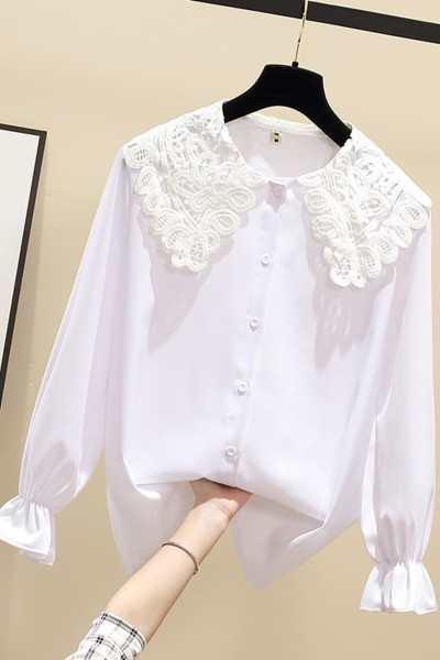 Cămașă de damă de mărime mare cu mâneci lungi și guler din dantelă