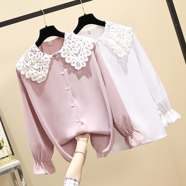 Cămașă de damă de mărime mare cu mâneci lungi și guler din dantelă