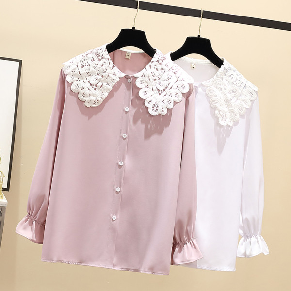 Cămașă de damă de mărime mare cu mâneci lungi și guler din dantelă