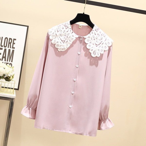 Cămașă de damă de mărime mare cu mâneci lungi și guler din dantelă