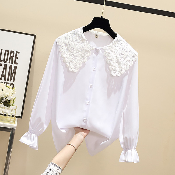 Cămașă de damă de mărime mare cu mâneci lungi și guler din dantelă