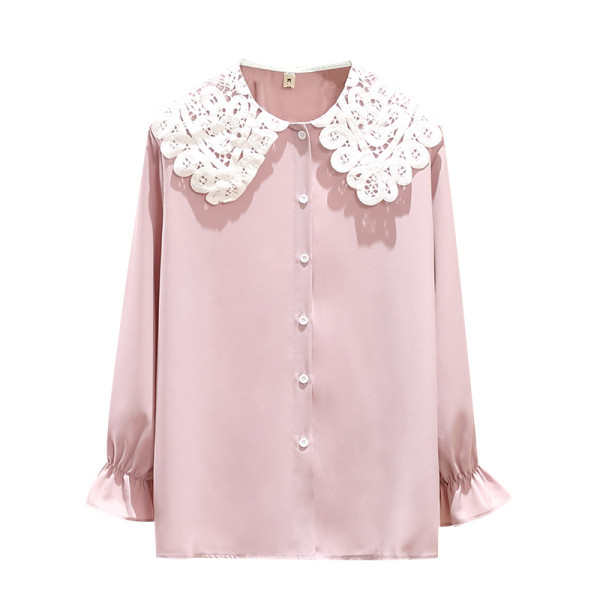 Cămașă de damă de mărime mare cu mâneci lungi și guler din dantelă