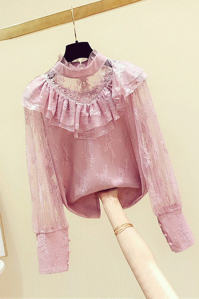 Bluză de damă din dantelă cu guler polo și mâneci lungi