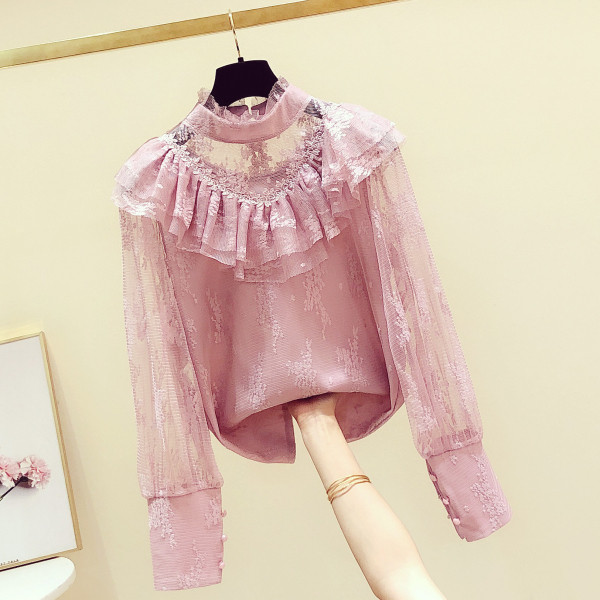 Bluză de damă din dantelă cu guler polo și mâneci lungi