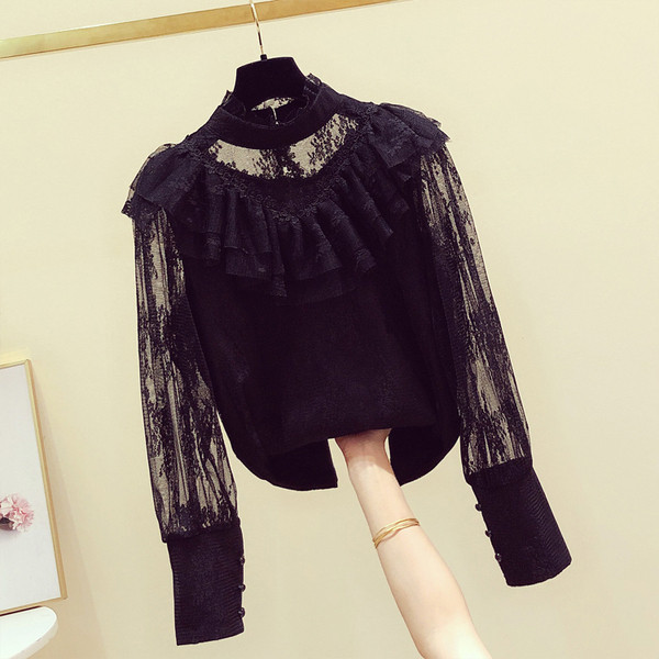 Bluză de damă din dantelă cu guler polo și mâneci lungi