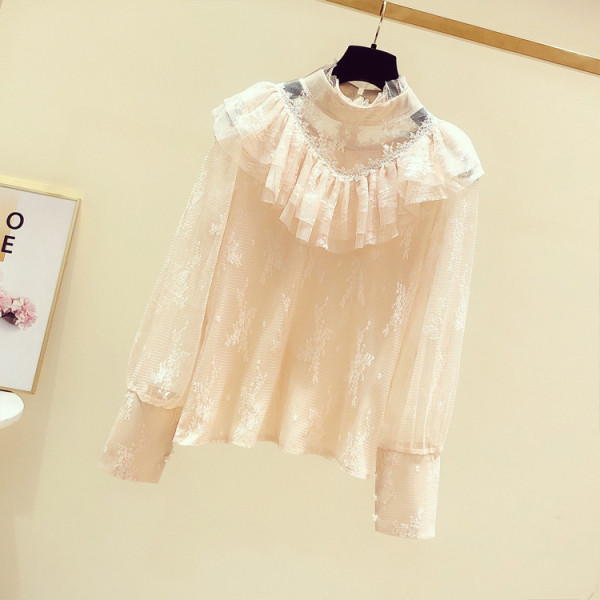 Bluză de damă din dantelă cu guler polo și mâneci lungi