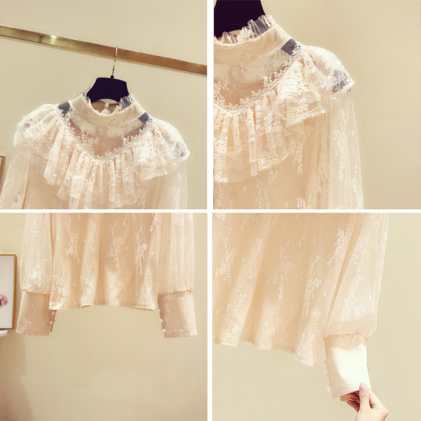 Bluză de damă din dantelă cu guler polo și mâneci lungi