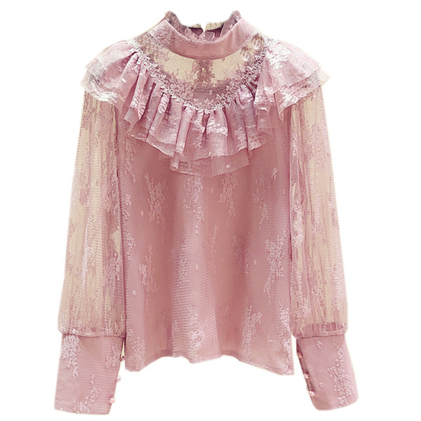 Bluză de damă din dantelă cu guler polo și mâneci lungi