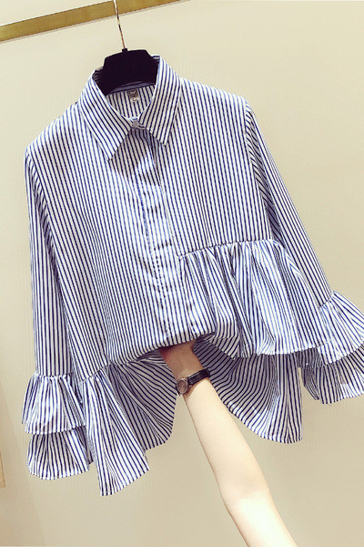 Naujo modelio dryžuoti moteriški marškiniai klasikine apykakle ir plačiomis lotoso rankovėmis