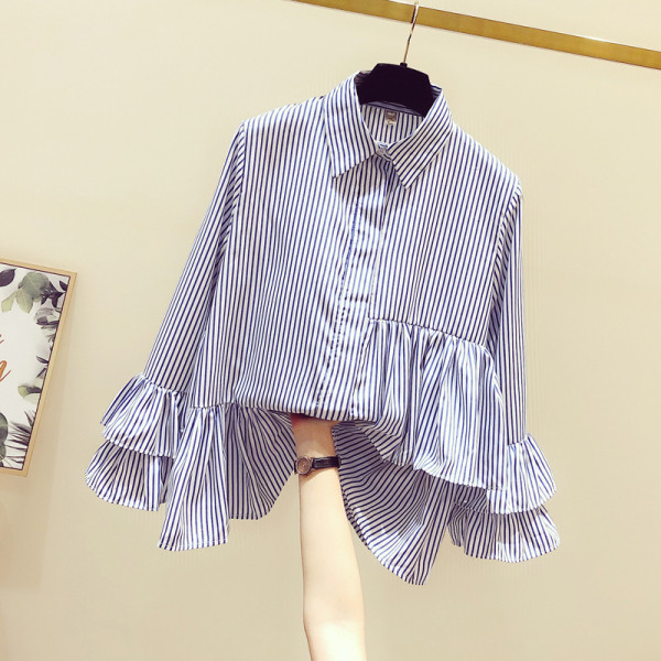 Naujo modelio dryžuoti moteriški marškiniai klasikine apykakle ir plačiomis lotoso rankovėmis