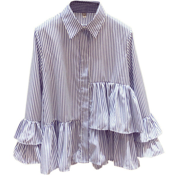 Naujo modelio dryžuoti moteriški marškiniai klasikine apykakle ir plačiomis lotoso rankovėmis