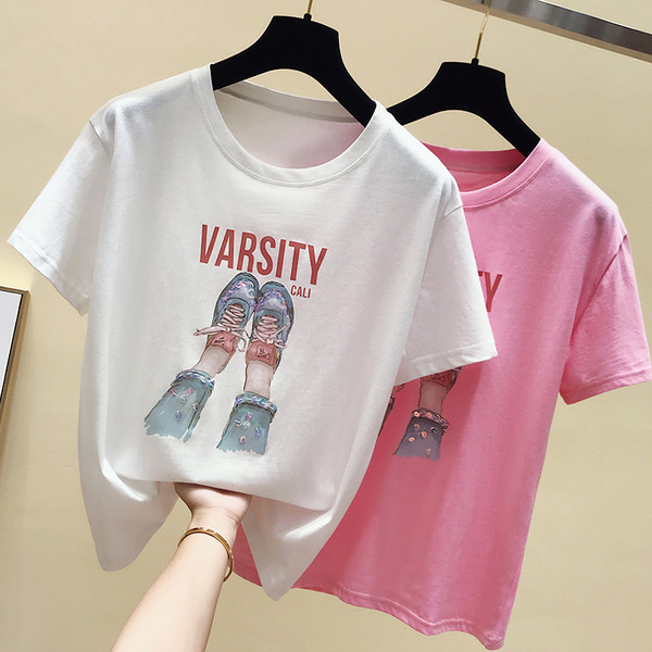 Modernūs moteriški marškinėliai su raštu ir blizgučiais