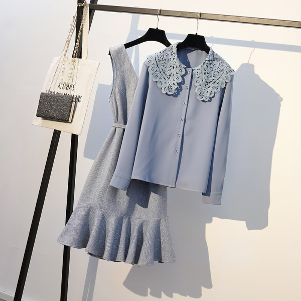 Stilingas moteriškas komplektas su marškiniais ir suknele iki 5XL