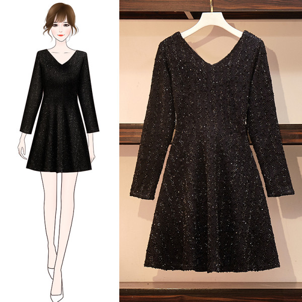 Stilīga sieviešu kleita ar garām piedurknēm, špica kakla izgriezumu un izmēriem līdz 4XL