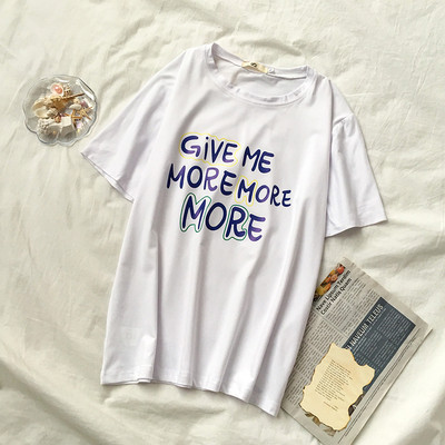 Modernūs moteriški marškinėliai su užrašais ir apvalia iškirpte