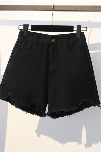 Didelio dydžio moteriški džinsiniai šortai aukštu juosmeniu ir suplėšytais motyvais