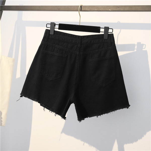 Didelio dydžio moteriški džinsiniai šortai aukštu juosmeniu ir suplėšytais motyvais