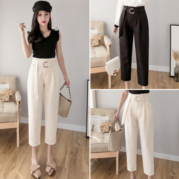 Moteriškos kelnės aukštu juosmeniu ir diržu