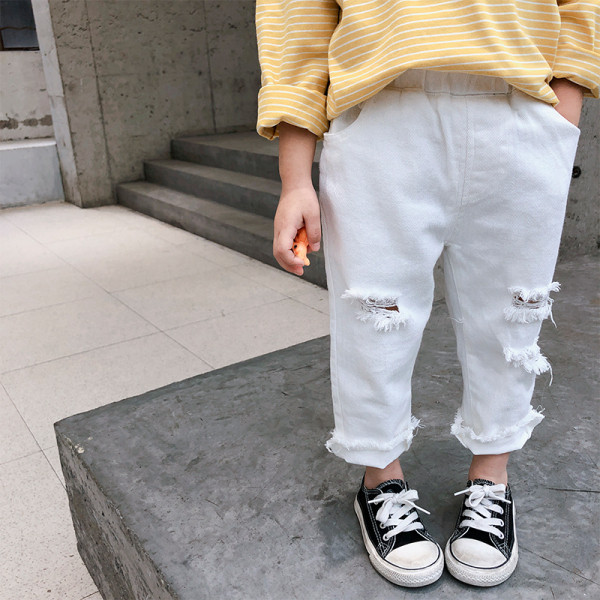 Pavasariniai vaikiški džinsai mergaitėms su tampriu juosmeniu ir plėšytais motyvais