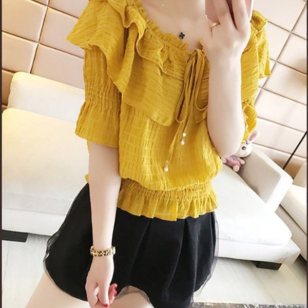 Új modell női blúz ovális nyakkivágással, nyakkendővel és 3/4-es ujjakkal