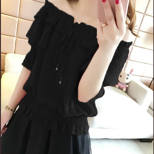 Új modell női blúz ovális nyakkivágással, nyakkendővel és 3/4-es ujjakkal