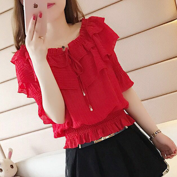 Új modell női blúz ovális nyakkivágással, nyakkendővel és 3/4-es ujjakkal