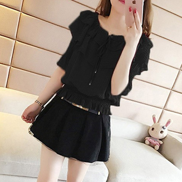 Új modell női blúz ovális nyakkivágással, nyakkendővel és 3/4-es ujjakkal