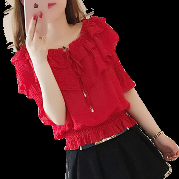 Új modell női blúz ovális nyakkivágással, nyakkendővel és 3/4-es ujjakkal