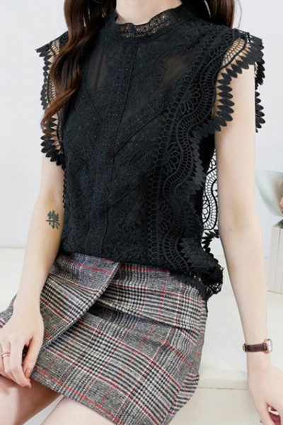 Naujo modelio nėriniuota moteriška palaidinė su ovalia iškirpte