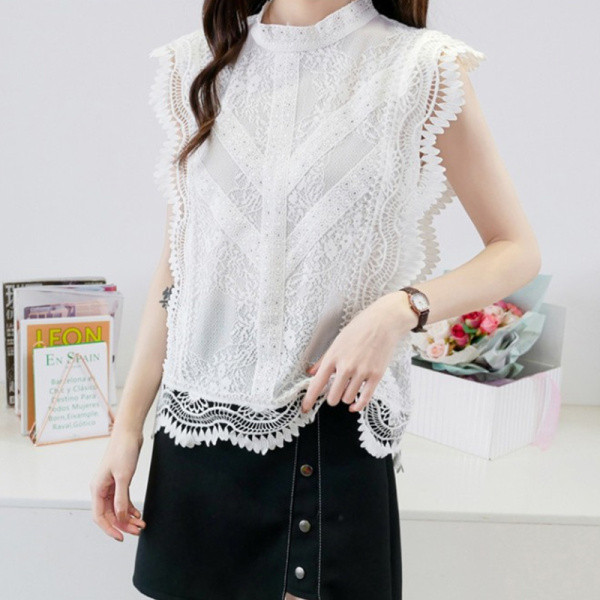 Naujo modelio nėriniuota moteriška palaidinė su ovalia iškirpte